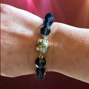 Heidi Daus  Navy Blue & Gold Beaded Bracelet with Silver Crystal Accents. NWOT